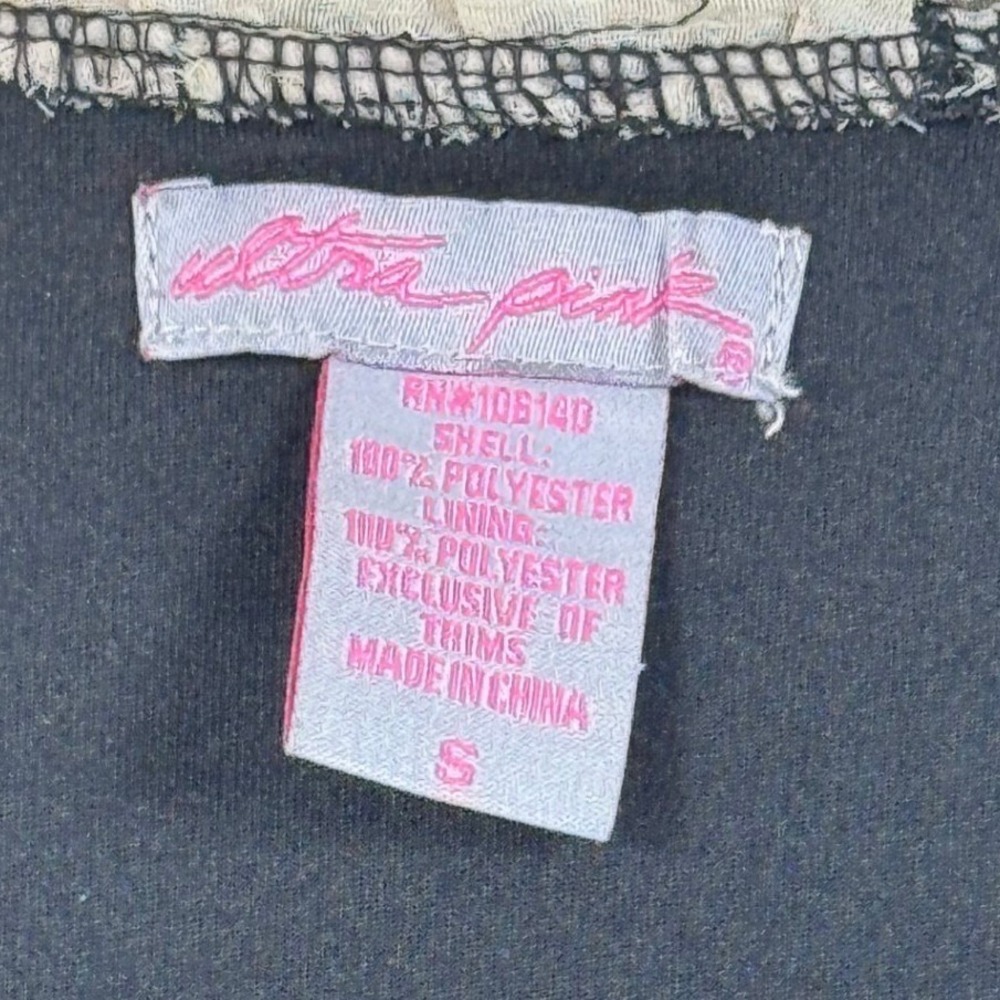 Ultra Pink Sequin Lace Border Print Dress Black Cream Sleeveless Party Small Y2K - Picture 2 of 7